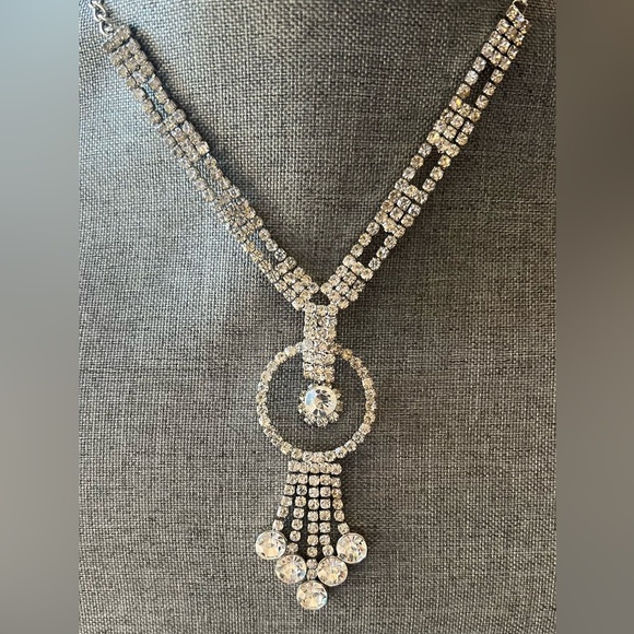 Diamante Rhinestone Y Necklace Clear Crystals Costume 14.5” Choker Lariat - Picture 1 of 9
